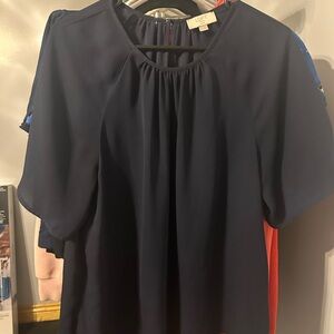 LOFT Navy Short-Sleeve Keyhole Pleated Blouse